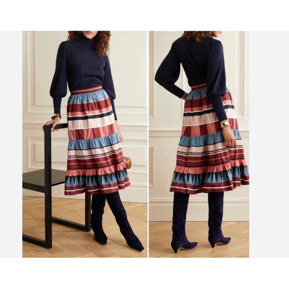 Ulla Johnson Simi Skirt Womens 6 Multicolor Stripe Ruffle Peasant Midi Boho